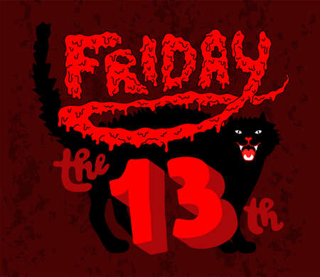 Friday the 13th - hand written lettering with evil black cat isolated on dark red background. Good...