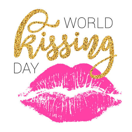 World kissing day vector card with pink lip impression and gold glitter textured  lettering  isolated on white background.のイラスト素材