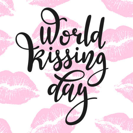 World kissing day vector card with pink lip impressions and lettering  isolated on white background.のイラスト素材