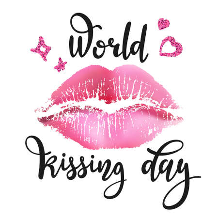 World kissing day vector card with pink lip impression, pink glitter textured elements and lettering  isolated on white background.のイラスト素材