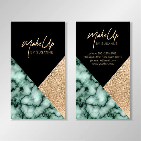Business card design with geometric shapes, green marble texture and faux gold foil.Vector modern customizable business card. Easy to customize with your own text.のイラスト素材
