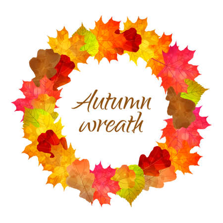 Vector wreath, round frame with autumn watercolor textured oak, maple, linden leaves isolated on white background.のイラスト素材