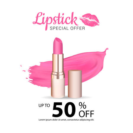 Vector sale banner with lipstick stoke and lipstick. Good for salons, beauty shops.のイラスト素材