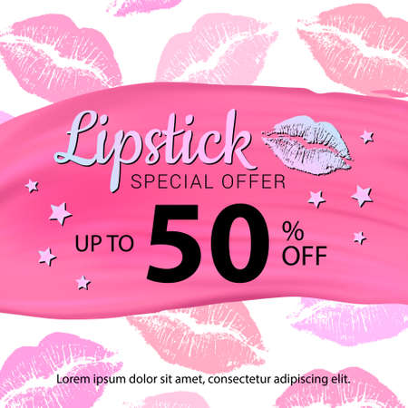 Vector sale banner with lipstick stoke and white background with lip imprints. Good for salons, beauty shops.のイラスト素材