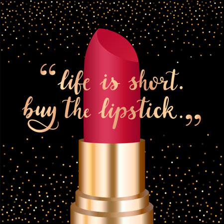 "Life is short. Buy the lipstick" - gold hand written lettering with lipstick isolated on black background with falling shimmer dots, Modern design for salons, beauty shops.のイラスト素材