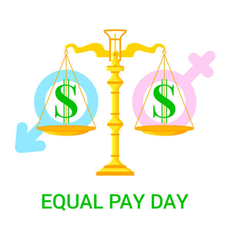 Vector flat  illustration for Equal Pay Day with scales, dollar icons and male and female signs isolated on white background. Dedicated to raising awareness of the gender pay gap.のイラスト素材