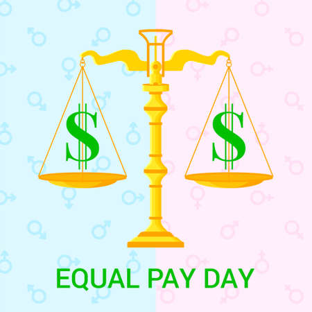 Vector flat  illustration for Equal Pay Day with scales, dollar icons and background with male and female signs. Dedicated to raising awareness of the gender pay gap.のイラスト素材