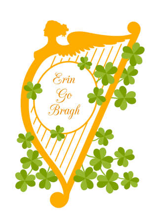 Vector greeting card with orange harp silhouette, clover leaves and quote "Erin go Bragh".のイラスト素材