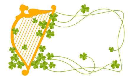 Vector flat style background with orange harp silhouette and clover leaves. Decorative element for Saint Patrick's Day designs.のイラスト素材