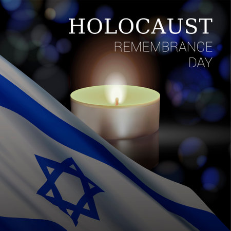 Holocaust Remembrance Day of Israel. Vector banner design template with a realistic flag of Israel, candle, and text on dark background.のイラスト素材