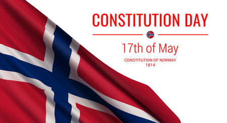Vector illustration with a realistic flag of Norway and text isolated on white background. Norwegian...