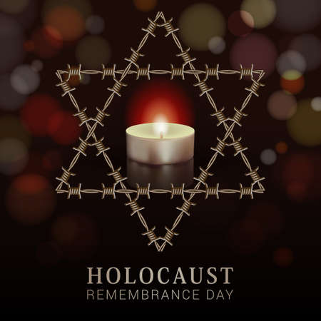 International Holocaust Remembrance Day. 27 January. Vector banner design template with realistic star of David symbol made from barbed wire, candle, and text on dark background.のイラスト素材