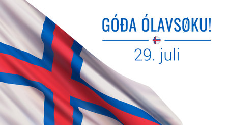 Vector banner design template with realistic flag of Faroe Islands, and text on white background. Translation from Faroese: Happy Faroe Islands National Day! 29 July.のイラスト素材