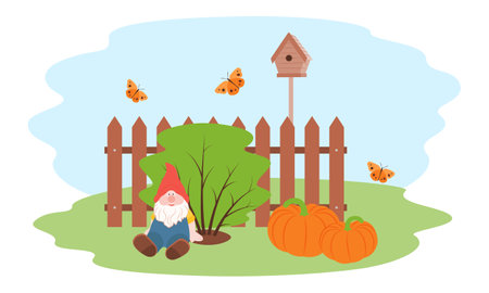 A cute garden gnome sits under a bush near the fence, decorates the garden. Accessory for landscape design. Vector illustration in flat style.のイラスト素材