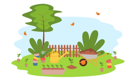 Spring garden with seedlings, garden wheelbarrow, watering can. Planting and caring for plants. Rural landscape. Vector illustration.のイラスト素材