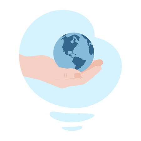 Globe in the palm of your hand. The concept of care and respect for the earth. Caring for the environment. Vector illustration isolated on white background.のイラスト素材