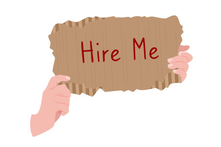 Hands holding a poster with the inscription Hire me. Vector illustration on a white background.のイラスト素材