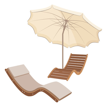 Beach furniture, umbrella and sun loungers. Vector illustration of items for a beach holiday on a white background.のイラスト素材