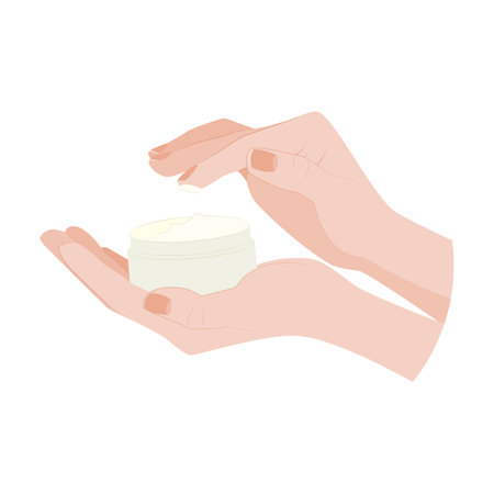 Two hands of a young woman spreading cream. Vector illustration isolated on white background. The concept of beauty and self-care.のイラスト素材