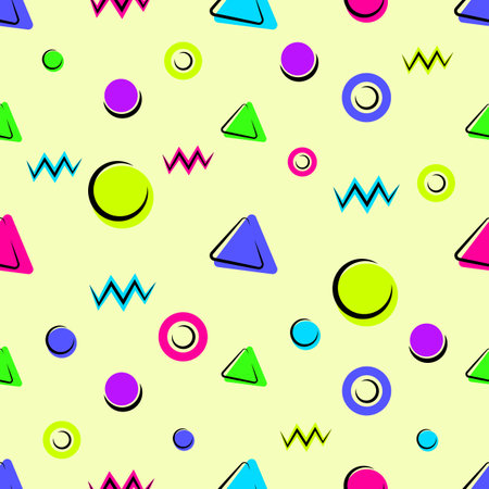 Seamless pattern of geometric shapes of triangles, circles, zigzags on a yellow background. Vector illustration for design, print, wrapping paper, wallpaper, textile.のイラスト素材