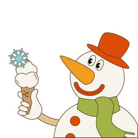 Snowman eats ice cream. Christmas illustration in retro style. Cartoon character. Vector.のイラスト素材