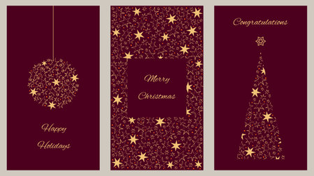 Corporate holiday cards with congratulations and wishes. Universal template. Christmas and New Year. Vector illustration in traditional red color.のイラスト素材
