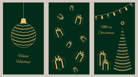 Corporate holiday cards with congratulations and wishes. Universal template. Christmas and New Year. Vector illustration in traditional green color.のイラスト素材