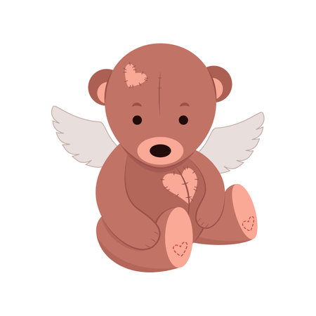 A cute, teddy bear with patches in the shape of a heart, with angel wings, sits. Vector illustration on a white background.のイラスト素材