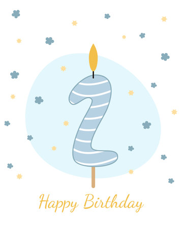 Sweet, Happy Birthday card. Vector illustration of a candle for a cake in the form of the number 2.のイラスト素材