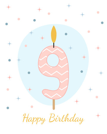 Sweet, Happy Birthday card. Vector illustration of a candle for a cake in the form of the number 9.のイラスト素材