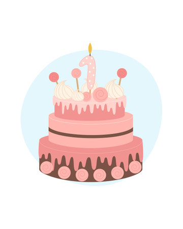 Birthday cake for a girl decorated with a candle in the shape of the number one. Vector illustration on a white background.のイラスト素材