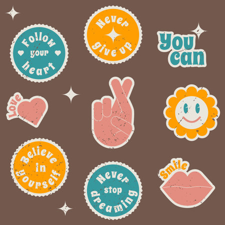 A set of round stickers with motivational quotes in retro style. Vector illustration.のイラスト素材