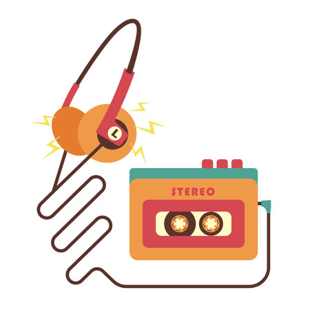 Portable audio player with headphones from the 90s. Vector illustration in retro style.のイラスト素材