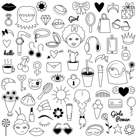 Girl power concept in doodle style. Set of feminism symbols icons. Vector illustration in black and white.のイラスト素材