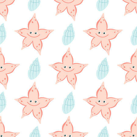 Sea stars seamless pattern. Fashionable template with sea creatures for wrapping paper, wallpaper, stickers, textiles. Flat style.のイラスト素材