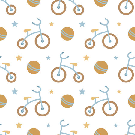 A simple seamless pattern in a flat style. Childrens tricycle. For decorating childrens room, textiles, wrapping paper, wallpaper. Vector.のイラスト素材