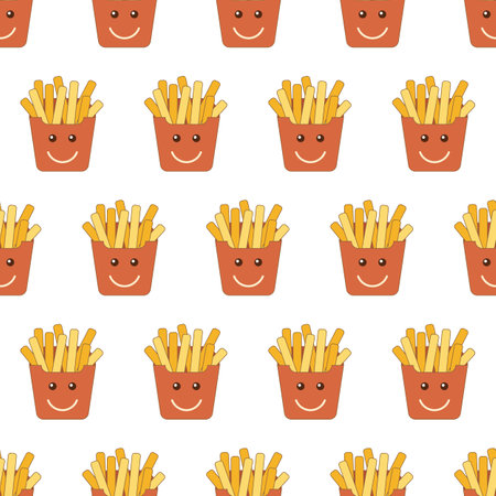 Seamless template with emoji of french fries. Flat, cartoon, retro style. Suitable for decor, design, textile, scrapbooking, wrapping paper, flyers, posters. Vector illustration.のイラスト素材
