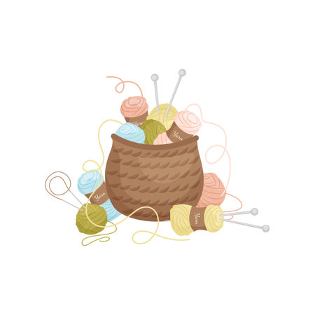 A basket full of skeins of yarn for knitting. Handmade and hobby concept. Vector illustration on white background.のイラスト素材