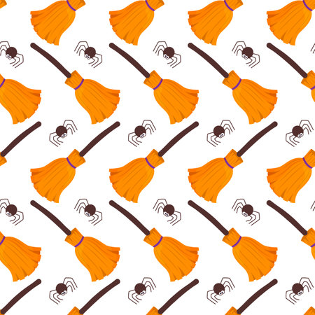 Seamless Halloween paternoster. Witch broom and spider. For decorating holiday products.のイラスト素材