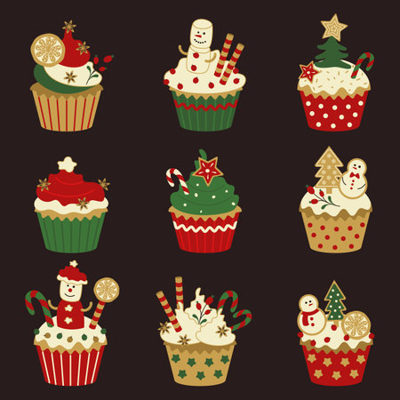 Vector set of holiday cupcakes with Christmas decorations. Traditional, cozy confectionery with cream, marshmallows, cookies.のイラスト素材
