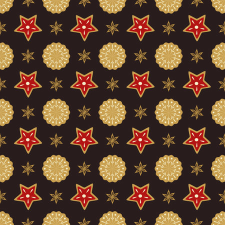 Seamless, festive, colorful ginger cookie pattern on a dark background. Traditional Christmas baking. Illustration for textiles, wrapping paper, wallpaper, cover, postcard, posterのイラスト素材