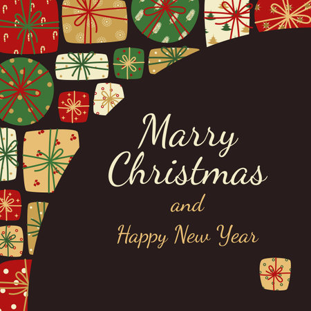 Merry Christmas greeting card. Wrapped gifts of different shapes on dark background. Vector illustration for greeting card, invitation, flyer.のイラスト素材
