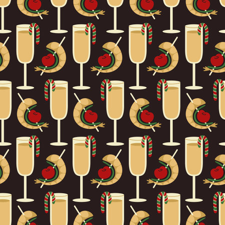 Seamless holiday pattern. Champagne glass with appetizers on dark background. Suitable for textile, gift wrap, wallpaper, wrapping paper, card, cover, postcard.のイラスト素材