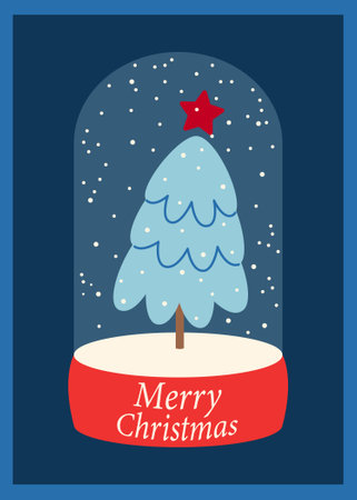 Christmas card with glass snow globe, Christmas tree, snowflakes. Vector illustration for seasonal holidays, greeting card, invitation, poster, congratulations.のイラスト素材
