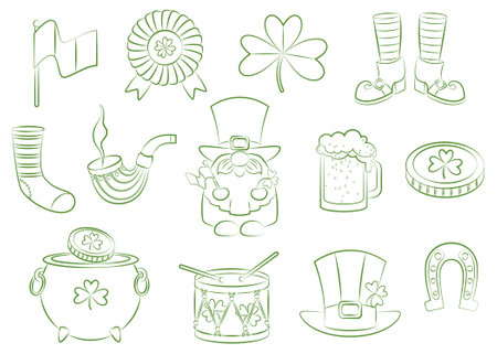 Set of hand drawn continuous lines of traditional st. patricks day elements, leprechaun, coins, clover, horseshoe, hat, clogs. Vector illustration on white background.のイラスト素材