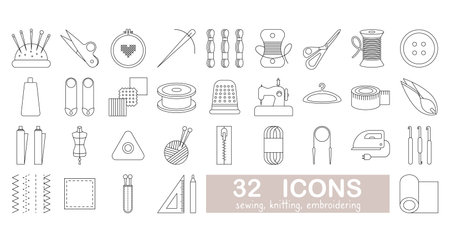 Set of 32 line icons related to sewing, needlework, embroidery. Collection of outline icons. Vector illustration, white background.のイラスト素材