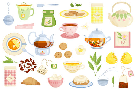 Large set of tea party items, tea utensils, tea accessories. sweets on white background. Vector illustration in flat style.のイラスト素材