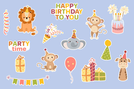 Set of thematic birthday stickers. Vector set of stickers cake with candles, birthday hats and gifts, balloons, garland, fireworks, cute elephant, giraffe and lion.のイラスト素材