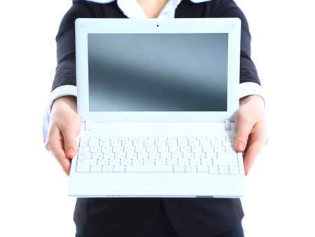 Smiling Businesswoman Holding Laptop  Isolated On White