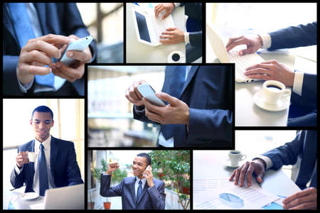 Collage of young businessman working in officeの写真素材